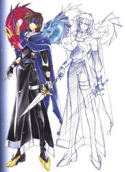 Rule 34 | 1boy, ashton anchors, azuma mayumi, black footwear, black gloves, blue cape, boots, brown hair, cape, closed mouth, dragon, fingerless gloves, full body, gloves, green eyes, headband, holding, holding sword, holding weapon, looking at viewer, robe, scan, sketch, smile, standing, star ocean, star ocean the second story, sword, thigh boots, thighhighs, weapon