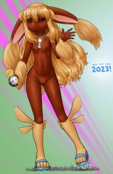 Rule 34 | 1girl, 2023, :3, alloyrabbit, animal feet, animal nose, bead necklace, beads, black sclera, blonde hair, blue footwear, blush, body fur, brown fur, chinese zodiac, cleft of venus, closed mouth, colored sclera, creatures (company), female focus, flat chest, full body, furry, furry female, game freak, gen 4 pokemon, giant, giantess, gluteal fold, green background, hair between eyes, hand up, happy, happy new year, highres, holding, holding pocket watch, jewelry, leg up, legs, light blush, long hair, looking at viewer, lopunny, navel, necklace, new year, nintendo, nipples, nude, personification, pocket watch, pokemon, pokemon (creature), pussy, rabbit ears, rabbit girl, red eyes, roman numeral, sandals, shiny skin, sidelocks, smile, solo, standing, standing on one leg, stomach, thighs, two-tone fur, uncensored, very long hair, watch, waving, year of the rabbit, yellow fur