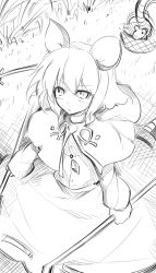 Rule 34 | 1girl, animal ears, basket, capelet, dowsing rod, female focus, greyscale, jewelry, kazetto, long sleeves, monochrome, mouse (animal), mouse ears, mouse tail, nazrin, pendant, short hair, sketch, skirt, solo, tail, touhou