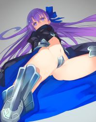 Rule 34 | 10s, 1girl, absurdres, ass, black coat, breasts, coat, crotch plate, fate/extra, fate/extra ccc, fate (series), from below, gluteal fold, hair ribbon, highres, long hair, looking at viewer, meltryllis (fate), mk (masatusaboten), navel, purple eyes, purple hair, revealing clothes, ribbon, simple background, small breasts, solo, thighhighs, thighs, very long hair