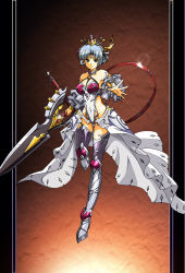 Rule 34 | 1girl, armored boots, black border, blue eyes, boots, border, breasts, cape, choker, circlet, covered navel, detached sleeves, female focus, full body, hair ornament, highleg, highleg leotard, hikaru (mikan0407), holding, holding weapon, langrisser, langrisser ii, large breasts, layered sleeves, lens flare, leotard, long sleeves, looking at viewer, outstretched arm, pillarboxed, sherry (langrisser), short hair, silver hair, solo, standing, standing on one leg, thigh boots, thighhighs, waist cape, weapon, white cape, white leotard, white sleeves