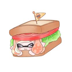 Rule 34 | &gt; &lt;, 1girl, bread, bread slice, commentary, food, highres, inkling, inkling girl, inkling player character, lettuce, long hair, nintendo, orange hair, pointy ears, sandwich, simple background, solo, splatoon (series), symbol-only commentary, tears, tentacle hair, tomato, tonbofree, wavy mouth, white background