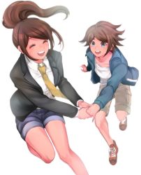Rule 34 | 10s, 1boy, 1girl, asahina aoi, asahina yuta, bloom, brother and sister, brown hair, closed eyes, danganronpa (series), danganronpa 3 (anime), danganronpa another episode: ultra despair girls, formal, highres, imo (kong), jacket, necktie, ponytail, running, shoes, short hair, shorts, siblings, simple background, smile, sneakers, spoilers, suit, suit jacket, white background, yellow necktie