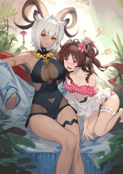 Rule 34 | 2girls, animal ears, arknights, bikini, black one-piece swimsuit, blue jacket, blush, breasts, bridal gauntlets, brown hair, carnelian (arknights), carnelian (shimmering dew) (arknights), casual one-piece swimsuit, cleavage, cleavage cutout, clothing cutout, dark-skinned female, dark skin, eyjafjalla (arknights), eyjafjalla (summer flower) (arknights), flower, goat ears, goat girl, goat horns, hair flower, hair ornament, hand on another&#039;s head, haocong33, highres, horns, jacket, jewelry, kneeling, large breasts, long hair, looking at another, looking at viewer, multiple girls, navel cutout, necklace, off-shoulder bikini, off shoulder, official alternate costume, one-piece swimsuit, open clothes, open jacket, open mouth, pink bikini, pink eyes, pink flower, red eyes, sheep ears, sheep girl, sheep horns, shirt, short hair, sitting, small breasts, smile, swimsuit, thigh gap, thigh strap, white hair, white shirt