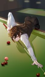 Rule 34 | 1boy, absurdres, ahoge, arms up, back, ball, billiard ball, billiards, black pants, black vest, brown hair, closed mouth, floor, genshin impact, gradient hair, grey shirt, hair between eyes, hands up, highres, holding, holding pointer, indoors, long hair, long sleeves, looking to the side, male focus, multicolored hair, pants, playing games, pointer, ponytail, shilaiguazhou, shirt, sidelocks, smile, solo, standing, table, two-tone hair, v-shaped eyebrows, vest, wall, yellow eyes, zhongli (genshin impact)