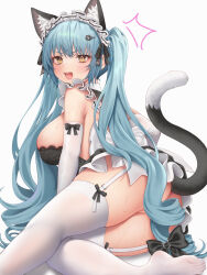 Rule 34 | 1girl, absurdres, animal ears, ass, bare shoulders, blue hair, bow, breasts, cat ears, cat tail, censored, convenient censoring, elbow gloves, feet, frills, garter straps, gloves, goddess of victory: nikke, hair bow, hair censor, hair ribbon, highres, lace trim, large breasts, light blue hair, long hair, looking at viewer, mosaic censoring, no panties, no shoes, official alternate costume, open mouth, privaty (nikke), privaty (unkind maid) (nikke), pussy, ribbon, sideboob, sidelocks, simple background, sitting, skindentation, sleeveless, smile, solo, sweat, tail, tail raised, thighhighs, toes, twintails, v-shaped eyebrows, very long hair, white background, white gloves, white thighhighs, yellow eyes, yokozuwari, zhaofeng yinyue