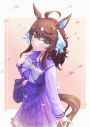 Rule 34 | 1girl, absurdres, ahoge, animal ears, bag, bow, bowtie, brown hair, clothing cutout, collarbone, commentary request, daring tact (umamusume), frilled skirt, frills, green eyes, hair ornament, head tilt, highres, horse ears, horse girl, horse tail, long hair, long sleeves, looking at viewer, looking up, multicolored hair, outside border, pleated skirt, purple bow, purple bowtie, purple sailor collar, purple shirt, sailor collar, sailor shirt, school bag, school uniform, shirt, skirt, solo, star (symbol), star hair ornament, suzumi chris, tail, tail through clothes, tracen school uniform, two-tone hair, umamusume, white bow, white hair, winter uniform