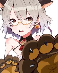 Rule 34 | 1girl, animal ears, animal hands, blush, brown eyes, commentary, detached collar, earrings, face, fang, girls&#039; frontline, glasses, gloves, jack-o&#039;-lantern, jack-o&#039;-lantern earrings, jewelry, light brown hair, looking at viewer, official alternate costume, open mouth, paw gloves, semi-rimless eyewear, short hair, signature, simple background, solo, tosyeo, under-rim eyewear, vector (girls&#039; frontline), vector (kitty paws) (girls&#039; frontline), white background, wolf ears, yellow-framed eyewear