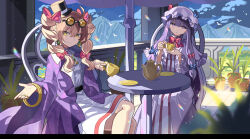 Rule 34 | 2girls, bangle, black headband, blue bow, blue ribbon, bow, bracelet, chair, coat, commission, cup, dress, drill hair, earrings, eyewear on head, falken (yutozin), hair bow, hat, hat ribbon, headband, highres, holding, holding cup, jewelry, light brown hair, long hair, long sleeves, mob cap, multiple girls, open clothes, open coat, patchouli knowledge, purple coat, purple dress, purple eyes, purple hair, purple headwear, red bow, red ribbon, ribbon, ring, round eyewear, sitting, skeb commission, striped clothes, striped dress, sunglasses, top hat, touhou, twin drills, twintails, vertical-striped clothes, vertical-striped dress, white dress, wide sleeves, yellow eyes, yorigami jo&#039;on