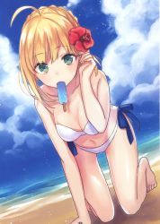 Rule 34 | 1girl, absurdres, adjusting hair, ahoge, all fours, artoria pendragon (all), artoria pendragon (fate), barefoot, beach, bikini, blonde hair, blue ribbon, blue sky, braid, braided bun, breasts, cleavage, cloud, collarbone, day, fate/stay night, fate (series), flower, food, green eyes, hair bun, hibiscus, highres, looking at viewer, medium breasts, mouth hold, navel, ocean, official alternate costume, outdoors, popsicle, ribbon, saber (fate), short hair with long locks, sidelocks, sky, small breasts, solo, strapless, strapless bikini, swimsuit, thigh gap, toosaka asagi, white bikini