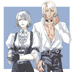 Rule 34 | 1boy, 1girl, ace attorney, arm belt, ascot, belt, black belt, black choker, black collar, black gloves, black pants, blonde hair, blue background, blue eyes, blue gemstone, blue hair, border, brooch, buttons, choker, closed mouth, collar, collared shirt, cowboy shot, earrings, franziska von karma, gem, gloves, hair between eyes, hand in own hair, hand on own thigh, highres, jewelry, klavier gavin, long hair, looking at viewer, multiple belts, multiple rings, o-ring, o-ring choker, o-ring collar, o-ring thigh strap, open collar, outside border, own hands together, pants, partially unbuttoned, puffy sleeves, ring, shao ro, shirt, short hair, sleeve garter, smile, suspenders, swept bangs, thigh strap, white ascot, white border, white shirt