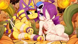 Rule 34 | 2girls, :&lt;, abstract background, ahoge, animal crossing, animal ears, animal hands, ankha (animal crossing), arm support, ass, bandages, black eyes, blue eyes, blue hair, breasts, cat ears, cat tail, chibi, cleft of venus, crossover, curly hair, curvy, egyptian, eyeshadow, furry, hair ornament, highres, jack-o&#039;-lantern, long hair, looking at object, looking at viewer, looking to the side, lying, makeup, medium breasts, mrploxykun, multiple girls, navel, nintendo, nipples, on side, one eye closed, one eye covered, open mouth, pawpads, pumpkin, purple hair, pussy, short hair, smile, tail, tentacles, uncensored, wide hips, zone-tan