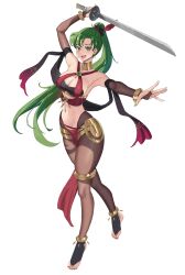 absurdres anklet bodystocking bridal_legwear commission dancer earrings emmettart feet fire_emblem fire_emblem:_the_blazing_blade fire_emblem_heroes green_eyes green_hair high_ponytail highres jewelry legs lene_(plegian)_(fire_emblem) loincloth long_hair lyn_(fire_emblem) nail_polish nintendo no_shoes pelvic_curtain ponytail skin_tight sword toe_ring toeless_legwear toenail_polish toenails toes weapon