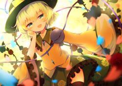 Rule 34 | 1girl, :d, black thighhighs, blurry, blurry foreground, blush, collarbone, collared shirt, commentary request, cowboy shot, eyeball, floral print, flower, frilled sleeves, frills, green eyes, green hair, hand on own cheek, hand on own face, hand up, hat, hat ribbon, heart, heart of string, highres, komeiji koishi, long sleeves, looking at viewer, open mouth, ribbon, rose, shirt, short hair, skirt, smile, solo, thighhighs, tomoe (fdhs5855), touhou, wide sleeves, yellow ribbon, yellow shirt