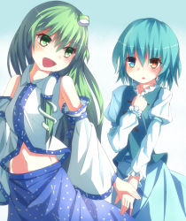 Rule 34 | 2girls, :o, bad id, bad pixiv id, blue hair, blush, detached sleeves, female focus, frog, gradient background, green eyes, green hair, hair ornament, hair tubes, hands on own chest, heterochromia, holding hands, kochiya sanae, long hair, long sleeves, looking at another, looking back, midriff, multiple girls, navel, open mouth, ponytail, seagonz, short hair, simple background, skirt, snake, tatara kogasa, touhou, vest