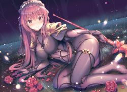 Rule 34 | 1girl, arm support, armor, black capelet, blush, bodysuit, breasts, brown eyes, capelet, commentary request, dutch angle, fate/grand order, fate (series), flower, grass, hair spread out, holding, holding polearm, holding spear, holding weapon, impossible bodysuit, impossible clothes, large breasts, light particles, long hair, looking at viewer, lying, night, no shoes, on side, parted lips, partially submerged, pauldrons, polearm, purple hair, reclining, red flower, ripples, rose, scathach (fate), shirakawako, shoulder armor, solo, spear, tree, veil, water, weapon