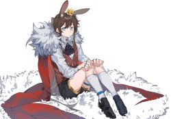 Rule 34 | animal ear fluff, animal ears, arknights, black footwear, black shorts, blue eyes, brown hair, brown vest, cape, closed mouth, crown, fur-trimmed cape, fur trim, highres, kneehighs, knees up, loafers, long hair, long sleeves, looking at viewer, mini crown, molu stranger, ponytail, rabbit ears, red cape, shirt, shoes, short shorts, shorts, sitting, socks, solo, striped clothes, striped vest, vertical-striped clothes, vertical-striped vest, vest, white background, white shirt, white socks