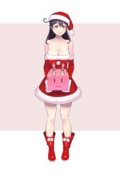 Rule 34 | 1girl, :3, ahoge, alternate costume, black hair, blush, boots, breasts, brown eyes, cannon, cleavage, commentary, dress, full body, gloves, hat, highres, holding, kantai collection, large breasts, long hair, looking at viewer, red dress, red gloves, red hat, santa boots, santa costume, santa gloves, santa hat, simple background, smile, solo, standing, symbol-only commentary, ushio (kancolle), white background, yuuji (and)