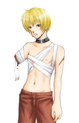 Rule 34 | 1boy, amputee, bandages, blonde hair, blood, blue eyes, collar, galerians, looking at viewer, male focus, rion (galerians), scar, short hair, simple background, solo, stitches, white background