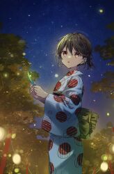 1girl braid brown_eyes brown_hair fireflies hair_between_eyes highres holding japanese_clothes kaisake_(utp) kimono leaf long_sleeves looking_at_viewer nature night obi open_mouth original outdoors print_kimono sash short_hair sky solo star_(sky) starry_sky susuki_grass tsukimi white_kimono wide_sleeves