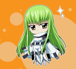 Rule 34 | 00s, 1girl, c.c., chibi, code geass, expressionless, full body, green hair, isse, jitome, long hair, long sleeves, looking at viewer, orange background, robe, simple background, solo, sparkle, standing, turtleneck, wide sleeves, yellow eyes