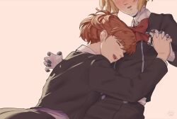 Rule 34 | 2girls, aegis (persona), artist name, black jacket, black skirt, blonde hair, blush, bow, bowtie, brown hair, closed eyes, collared shirt, commentary request, couple, gekkoukan high school uniform, head on chest, highres, holding hands, jacket, korean commentary, long sleeves, multiple girls, open mouth, persona, persona 3, persona 3 portable, pink background, ponytail, red bow, roviahc, school uniform, shiomi kotone, shirt, short hair, signature, simple background, skirt, white shirt, wing collar, yuri