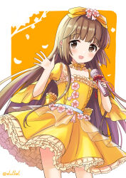 Rule 34 | 1girl, blush, brown eyes, brown hair, choker, cowboy shot, dot nose, dress, eluthel, falling petals, flower, frilled dress, frills, grid background, hair flower, hair ornament, hair ribbon, hand up, highres, holding, holding microphone, idolmaster, idolmaster cinderella girls, idolmaster cinderella girls starlight stage, long hair, long sleeves, looking at viewer, microphone, open hand, open mouth, orange background, orange ribbon, outside border, petals, pink flower, puffy long sleeves, puffy sleeves, ribbon, see-through, smile, solo, tree, twitter username, two-tone background, very long hair, white background, wide sleeves, yellow choker, yellow dress, yorita yoshino