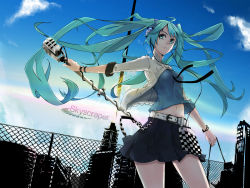 Rule 34 | 1girl, aqua eyes, aqua hair, belt, chain-link fence, day, fence, hatsune miku, long hair, microphone, microphone stand, mille (dieci), mirre, skirt, sky, solo, song name, twintails, vocaloid
