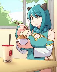 Rule 34 | 1girl, bare shoulders, blue dress, blue hair, breasts, bridal gauntlets, brown eyes, bubble tea, chopsticks, cleavage, cleavage cutout, clip studio paint (medium), clothing cutout, creatures (company), detached sleeves, dress, eating, food, food on face, freckles, fried rice, game freak, gen 5 pokemon, highres, holding, holding chopsticks, horns, indoors, jewelry, large breasts, long hair, medium breasts, necklace, nintendo, original, oshawott, personification, pokemon, side slit, sitting, sleeveless, sleeveless dress, solo, vibrantrida, window