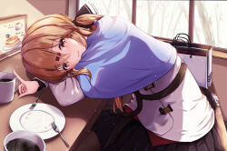 Rule 34 | 1girl, absurdres, black bow, black pantyhose, black skirt, blue shawl, blush, bow, brown eyes, brown hair, coffee, cup, fingernails, fork, hair between eyes, hair bow, hair ornament, hairclip, highres, jacket, kantai collection, long hair, looking at viewer, low twintails, open mouth, pantyhose, plate, pleated skirt, red shirt, shawl, shirt, sitting, skirt, smile, solo, sudachineko, tashkent (kancolle), twintails, white jacket
