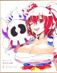 Rule 34 | 1girl, absurdres, breasts, bursting breasts, cleavage, collarbone, creatures (company), crossover, duskull, game freak, gen 3 pokemon, hair bobbles, hair ornament, highres, huge breasts, looking at viewer, mattari yufi, nintendo, one eye closed, onozuka komachi, open mouth, pokemon, pokemon (creature), red eyes, red hair, sarashi, shikishi, short hair, smile, tongue, touhou, traditional media, twintails, two side up, upper body, wink