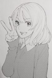 Rule 34 | 1girl, bad id, bad twitter id, collared shirt, greyscale, halftone, looking at viewer, monochrome, nakajima ryou, open mouth, original, shirt, simple background, sleeves past wrists, solo, sweater, teeth, upper teeth only, v