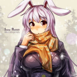 Rule 34 | 1girl, animal ears, blush, breasts, rabbit ears, jacket, large breasts, long hair, long sleeves, looking at viewer, open mouth, purple hair, red eyes, reisen udongein inaba, scarf, shirt, snowing, solo, touhou, umigarasu (kitsune1963), upper body, very long hair