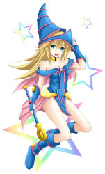 Rule 34 | 1girl, bare shoulders, blonde hair, blush, boots, breasts, dark magician girl, duel monster, green eyes, hat, highres, large breasts, long hair, looking at viewer, magical girl, oosato haya, smile, solo, wizard hat, yu-gi-oh!