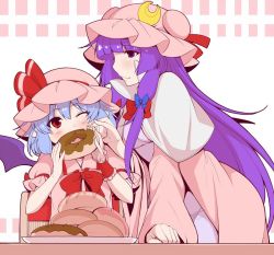 Rule 34 | 2girls, bat wings, blue hair, chair, commentary request, crescent, doughnut, eating, eichi yuu, finger to another&#039;s face, food, food on face, hat, long hair, mob cap, multiple girls, one eye closed, patchouli knowledge, pink hat, purple eyes, purple hair, red eyes, remilia scarlet, short hair, sitting, smile, table, touhou, wings, wiping face