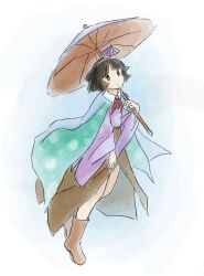 Rule 34 | 1other, absurdres, amanomiya jun, androgynous, aqua cape, baila kuangzi, black eyes, black hair, boots, brown cape, brown footwear, cape, chinese commentary, closed mouth, collared shirt, commentary request, full body, hairband, highres, holding, holding umbrella, len&#039;en, long sleeves, neck ribbon, other focus, purple sweater, red ribbon, ribbon, shirt, short hair, solo, sweater, umbrella, umbrella hair ornament, white hairband, white shirt, wide sleeves