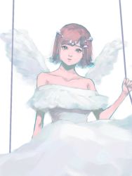 Rule 34 | 1girl, alternate costume, bad id, bad pixiv id, bare shoulders, brown hair, collarbone, commentary request, danganronpa (series), danganronpa 2: goodbye despair, dress, feathered wings, galaga, grey dress, hair ornament, hand up, looking at viewer, nanami chiaki, off-shoulder dress, off shoulder, realistic, shiranchan, short hair, simple background, solo, strapless, strapless dress, tiara, upper body, white background, white dress, wings