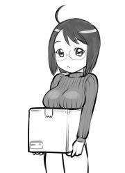 Rule 34 | 10s, 1girl, :&lt;, ahoge, black hair, box, breast rest, breasts, carried breast rest, carrying, glasses, greyscale, large breasts, long sleeves, monochrome, on box, ribbed sweater, servant x service, short hair, solo, sweater, ueyama michirou, yamagami lucy