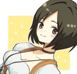 Rule 34 | 1girl, black hair, blush, breasts, brown eyes, choker, cleavage, closed mouth, commentary request, final fantasy, final fantasy ix, garnet til alexandros xvii, ichi (pixiv6373491), jewelry, looking at viewer, necklace, short hair, smile, solo