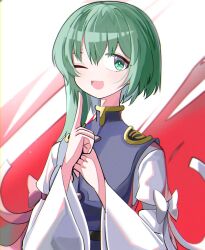 Rule 34 | 1girl, ;d, asymmetrical hair, bow, epaulettes, green eyes, green hair, highres, long sleeves, looking at viewer, medium hair, one eye closed, open mouth, red bow, shiki eiki, smile, solo, spam (spamham4506), touhou, upper body, white background, white bow, wide sleeves