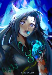 Rule 34 | 1girl, absurdres, blue eyes, commentary, crystal, english commentary, fingernails, grey hair, highres, himemushi momoyo, long fingernails, long hair, looking at viewer, luo qiangwei, messy hair, short sleeves, signature, solo, touhou, upper body
