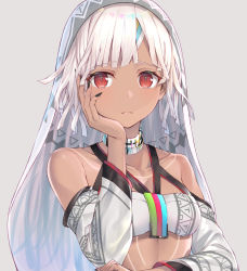 Rule 34 | 10s, 1girl, altera (fate), bandeau, bare shoulders, black nails, breasts, choker, closed mouth, collarbone, commentary request, dark-skinned female, dark skin, detached sleeves, fate/extella, fate/extra, fate (series), grey background, hakuishi aoi, hand on own cheek, hand on own face, looking at viewer, nail polish, parted bangs, print sleeves, red eyes, short hair, short sleeves, simple background, small breasts, solo, straight hair, tattoo, upper body, veil, white bandeau, white choker, white hair