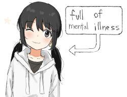 Rule 34 | 1girl, ;), aiu404l, arrow (symbol), black hair, black shirt, commentary, dot nose, drawstring, egg (aiu404l), english commentary, english text, highres, hood, hoodie, looking at viewer, low twintails, one eye closed, original, shirt, sidelocks, simple background, smile, solo, twintails, upper body, white background, white hoodie