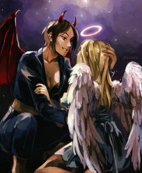 Rule 34 | 2girls, angel, angel wings, blonde hair, blue jacket, blue pants, breasts, brown eyes, brown hair, krista lenz, cleavage, demon girl, demon horns, demon wings, dress, feathered wings, feet out of frame, freckles, halo, hand on another&#039;s arm, hand on another&#039;s head, highres, horns, jacket, kneeling, long hair, looking at another, medium breasts, multiple girls, pants, parted bangs, parted lips, pxldrp, red horns, shingeki no kyojin, short hair, smile, squatting, white dress, white wings, wings, ymir (shingeki no kyojin), yuri