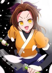 Rule 34 | 1girl, absurdres, arima kana, brown hair, character request, hair ornament, highres, holding, holding sword, holding weapon, japanese clothes, kimono, long hair, long sleeves, nm (blue-rapid), open mouth, oshi no ko, solo, sword, tokyo blade (oshi no ko), weapon, yellow eyes, yellow kimono