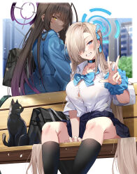 2girls asuna_(blue_archive) asuna_(school_uniform)_(blue_archive) bench black_hair black_skirt blonde_hair blue_archive blue_eyes blue_ribbon blue_sweater blush breasts cat choker collared_shirt dark-skinned_female dark_skin dress_shirt grin hair_over_one_eye hair_ribbon halo highres karin_(blue_archive) karin_(school_uniform)_(blue_archive) kneehighs large_breasts long_hair long_sleeves looking_at_viewer multiple_girls pleated_skirt renka_(renkas) ribbon scrunchie shirt sitting skirt sleeves_rolled_up smile socks sweater thighs very_long_hair white_shirt wrist_scrunchie yellow_eyes