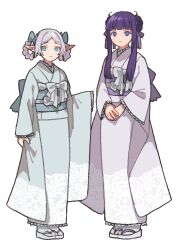 Rule 34 | 2girls, aqua eyes, bow, closed mouth, commentary request, dou (mame eee), elf, eyelashes, fern (sousou no frieren), frieren, full body, highres, japanese clothes, kimono, long hair, multiple girls, own hands together, pointy ears, purple eyes, purple hair, sandals, simple background, smile, sousou no frieren, standing, white background, white bow, zouri