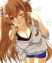 Rule 34 | 1girl, ahoge, alternate costume, bare shoulders, black bra, blue shorts, blush, bra, breasts, brown eyes, cleavage, cleavage cutout, clothing cutout, collarbone, covered erect nipples, hair between eyes, hair flaps, hair ornament, hair ribbon, hairclip, hand in own hair, highres, kantai collection, large breasts, leaning forward, light brown hair, long hair, looking at viewer, murasame (kancolle), off shoulder, one eye closed, open mouth, ribbon, shigatsu (soratobuusagi), shorts, sidelocks, smile, solo, sweater, thighs, twintails, underwear