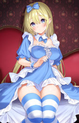Rule 34 | 1girl, apron, blonde hair, blue bow, blue dress, blue eyes, blue thighhighs, bow, breasts, covered erect nipples, detached collar, dress, frills, hair bow, head tilt, highres, lifted by self, maid apron, medium breasts, original, sitting, solo, striped clothes, striped thighhighs, thighhighs, umeyuki, wrist cuffs