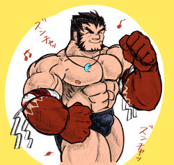 Rule 34 | 1boy, ^ ^, absurdres, bara, clenched hands, closed eyes, colored skin, cowboy shot, forked eyebrows, gradient skin, hachimaki, hairy, happy, headband, highres, huge pectorals, large hands, male focus, male swimwear, mature male, muscular, muscular male, musical note, mutton chops, nejiri hachimaki, red skin, short hair, solo, sparse arm hair, sparse chest hair, sparse leg hair, sparse navel hair, strongman waist, swim briefs, taigaabozusukii, tajikarao (housamo), thick eyebrows, tokyo houkago summoners, topless male, tusks, veins, veiny arms